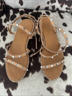 Nicole Miller Studded Tan Leather Strappy Sandals - Women